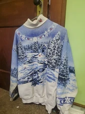 Vtg 90s Art Unlimited All Over Print Winter Scene Double Sided USA Size XL 24x28