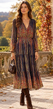NWT ecru Pleated Chiffon Autumn Abstract Midi Dress Long Sleeve L
