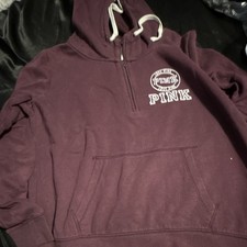 PINK Victoria s Secret Purple 1/4 Zip Logo Pullover Hoodie Women s L Pockets