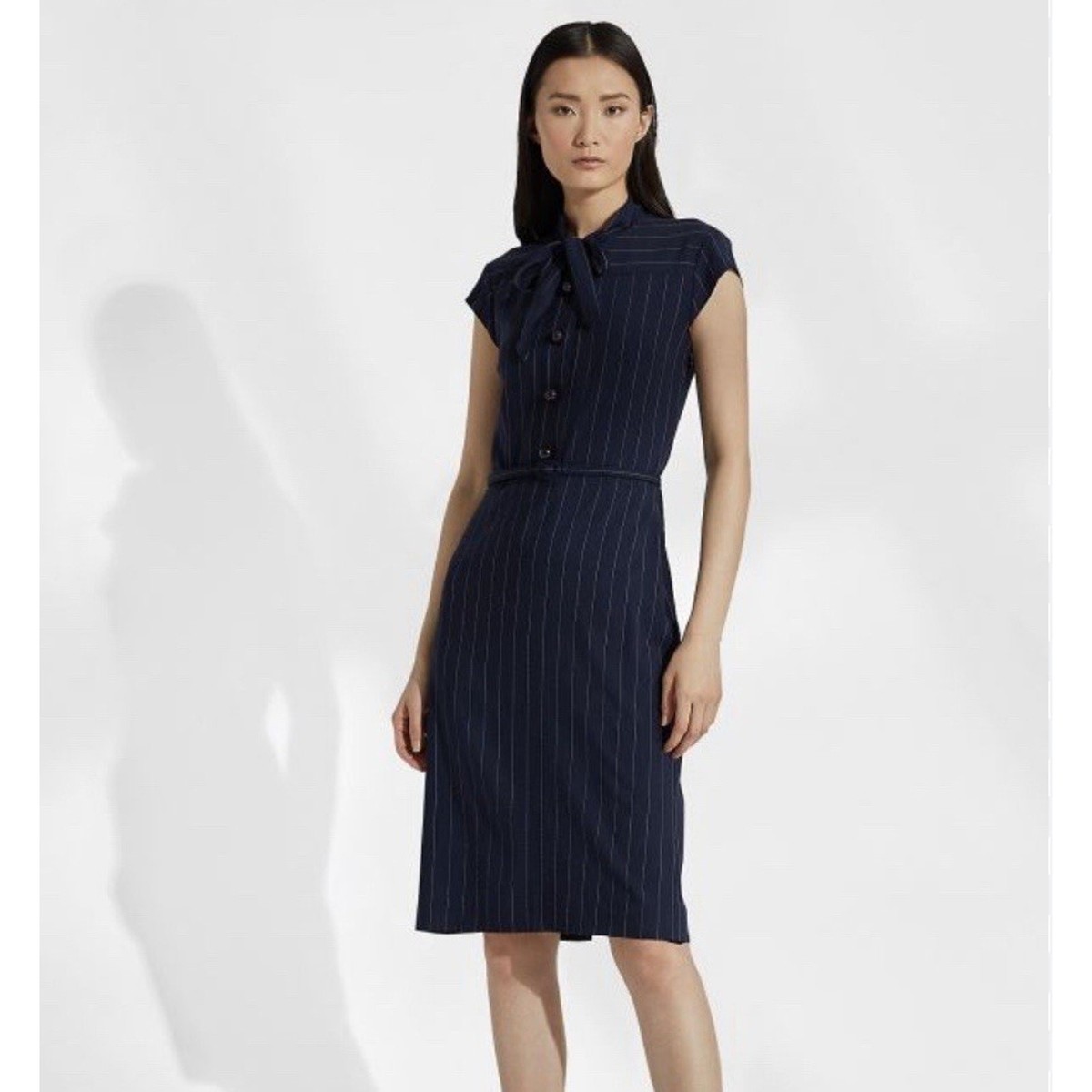 Ralph Lauren Collection Pinstripe Midi Day Dress Tie Neck Button Collar  Navy 12 | eBay