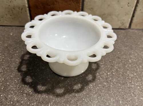 Vtg 7" White Milk Glass Pedestal Compote Bowl Scalloped Heart Laced Edge Dish