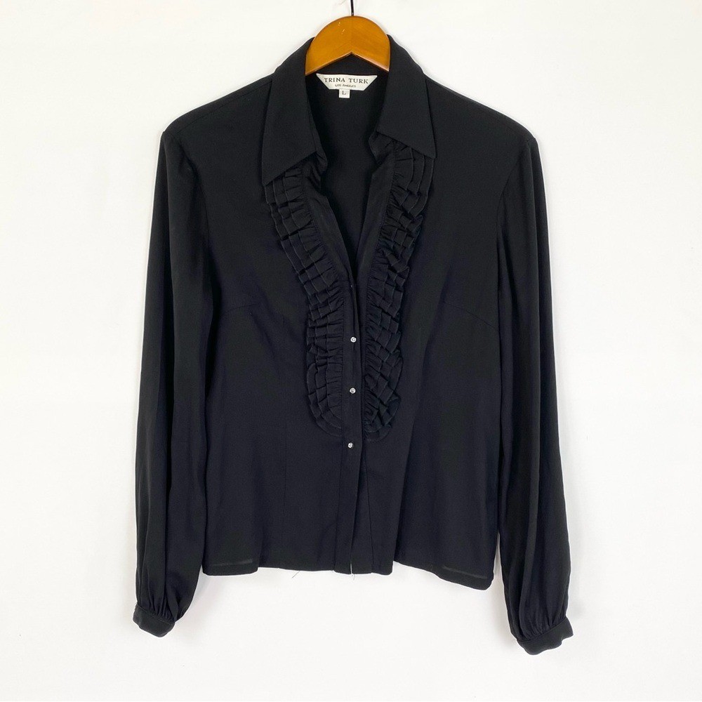 Trina Turk Silk Ruffle Button Up Long Sleeve Blouse Size Large Black