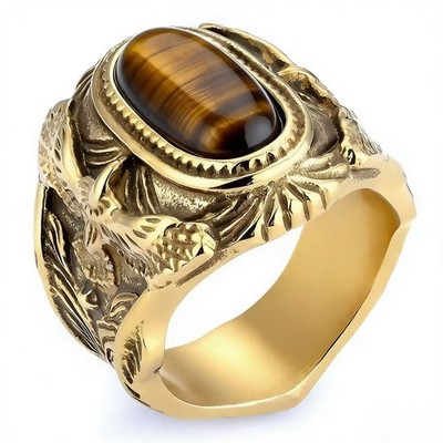 Vintage Flying Eagle Tiger Eye Stone Ring Stainless Steel Men's Ring Size 7-15