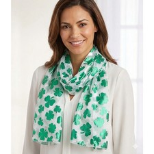 Saint Patrick's Day Shamrock Rectangle Sheer Scarf White Green 8" x 56"