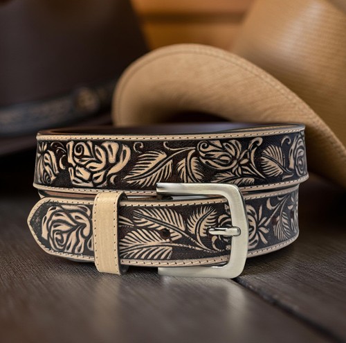 Women's Western Leather Belt, Floral Embossed Cowgirl Hand Tooled Belt 1-1/2"