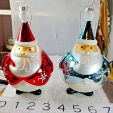 2 Vtg Glass Resin Glitter Santa Claus Christmas Ball Ornament 6" Red Blue