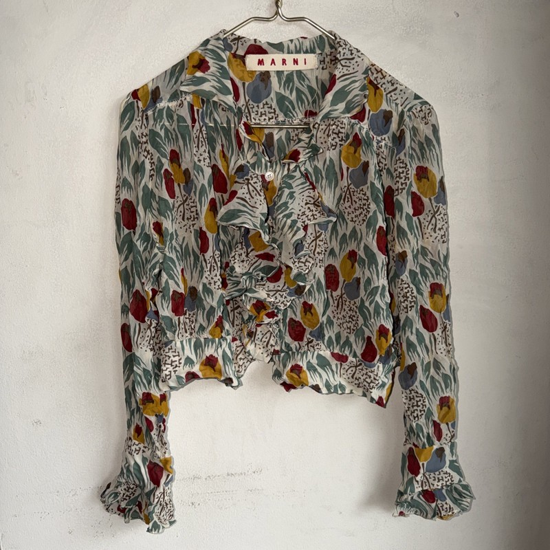 Marni Multicolor Floral Silk Crop Blouse Top Womens 44