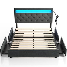 Queen Bed Frame with 4 Storage Drawers and Charging Station, Queen Bed with L...