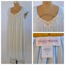 SHADOWLINE Blue Nylon Sheer Silky Short Full Nightgown Floral Lace S EUC