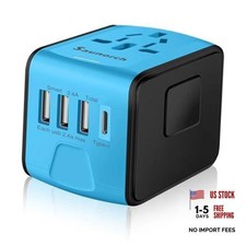 Travel Adapter Worldwide, Universal International Power Plug 3A 1C  Blue 