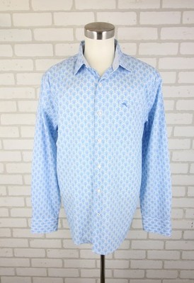 Tommy Bahama Sarasota Stretch Shirt L Blue Scalloped Floral Bloom Print Button