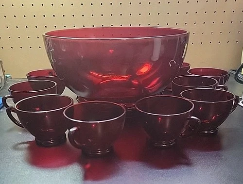 Vintage Anchor Hocking Royal Ruby Red 12 Piece Punch Bowl & Base & 10 Cups