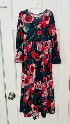 NWT Bonny Billy Girls Gray And Pink Floral Long Sleeve Maxi Dress Size 7/8