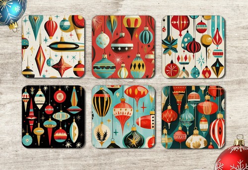 Christmas Retro Drink Coasters Set Of Six Neoprene Square Or Round - Picture 10 of 11