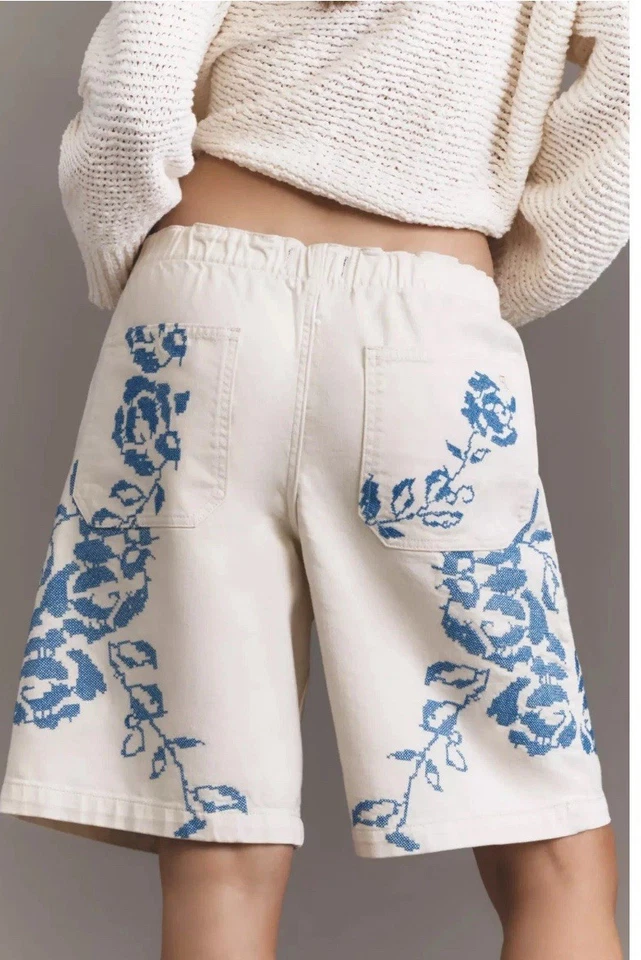 Bermudas para mujer Pilcro azul floral sobre crema talla XS Foto 3 de 4