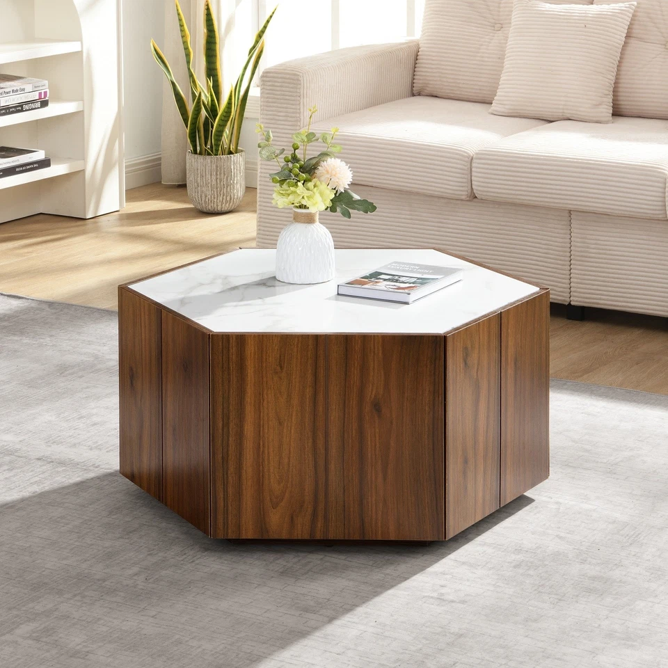 Farmhouse Hexagonal Coffee Table Center Cocktail Table w/ 2 Hidden Drawers - Image 2 of 4