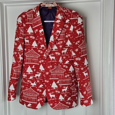 Opposuits Red Holiday Blazer Mens Size 38 Christmas Reindeer Trees Jacket
