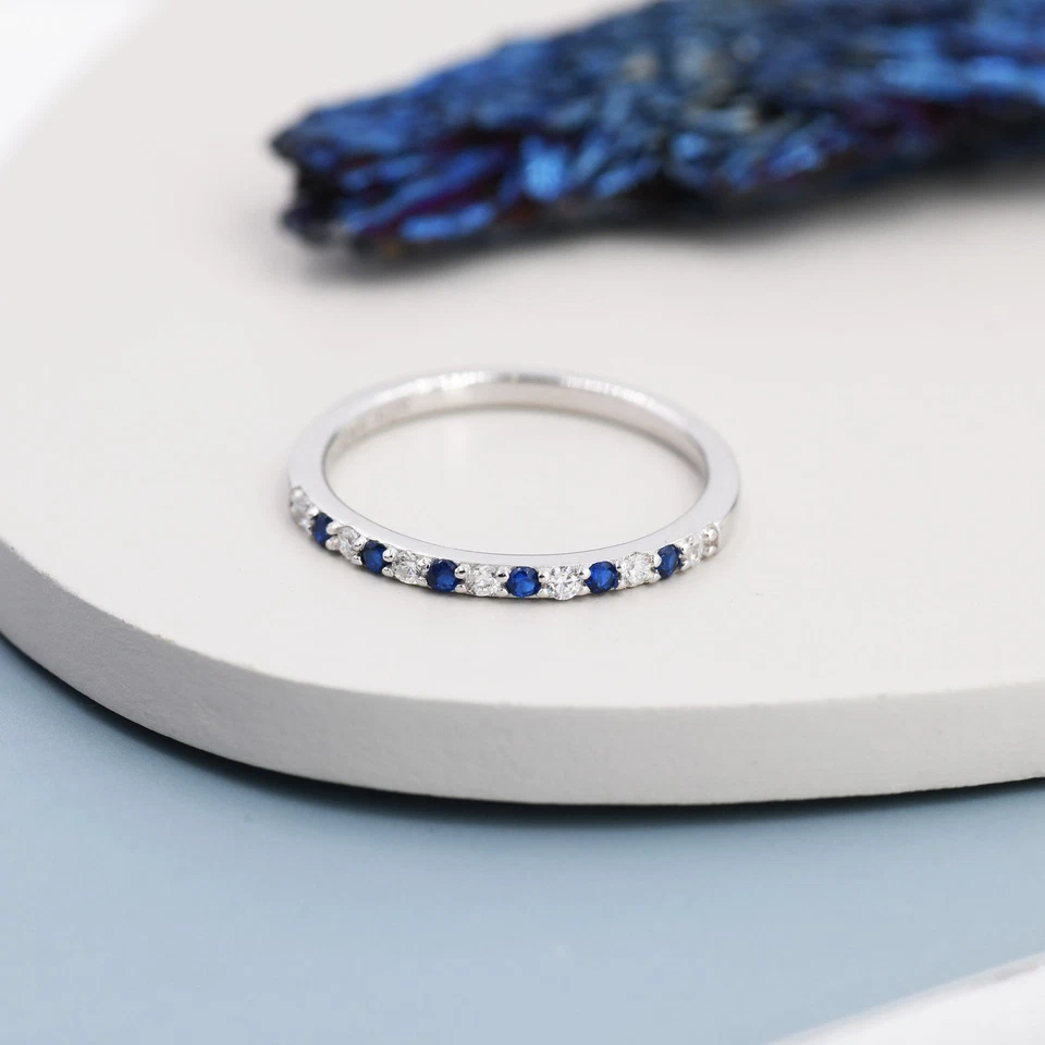 Blue Cubic Zircon Half Eternity Wedding Band In 925 Solid Silver Women Ring - Image 2 of 4