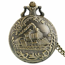 Vintage 3D Locomotive Train Men Women Quartz Pocket Watch Necklace Chain Gift