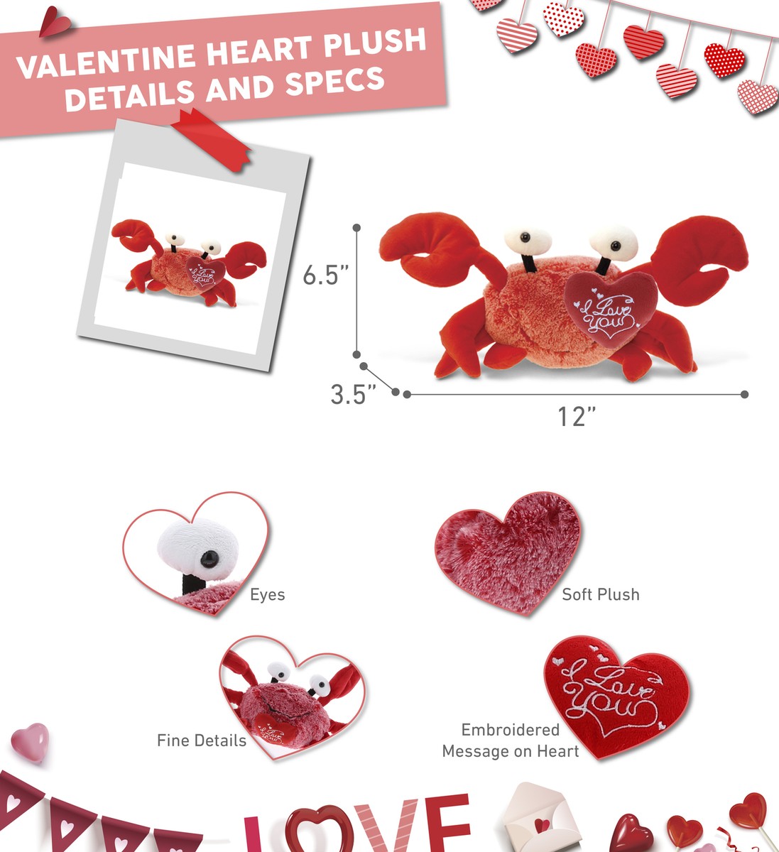 PLUSH I LOVE YOU RED HEART - SUPER-SOFT PLUSH - RED CRAB 12