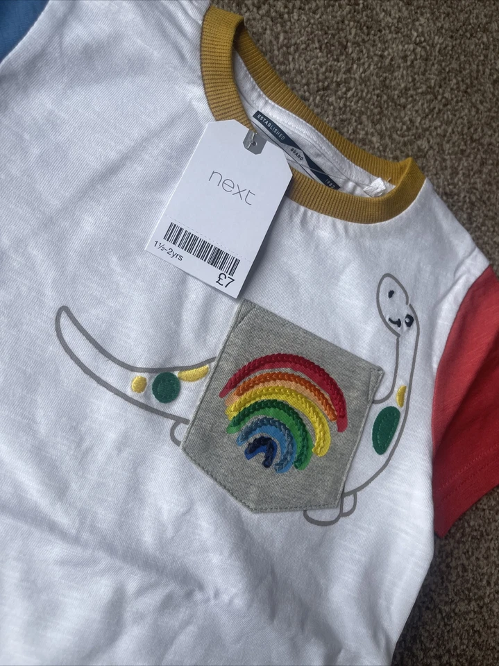Next Toddler Boys Dinosaur Rainbow Pocket Raglan T-shirt 18-24 months - Image 4 of 4