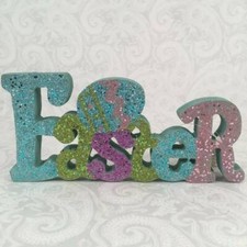 DanDee "EASTER" Glittered Wood Block Sign Table Tier Tray Shelf Egg Spring Decor