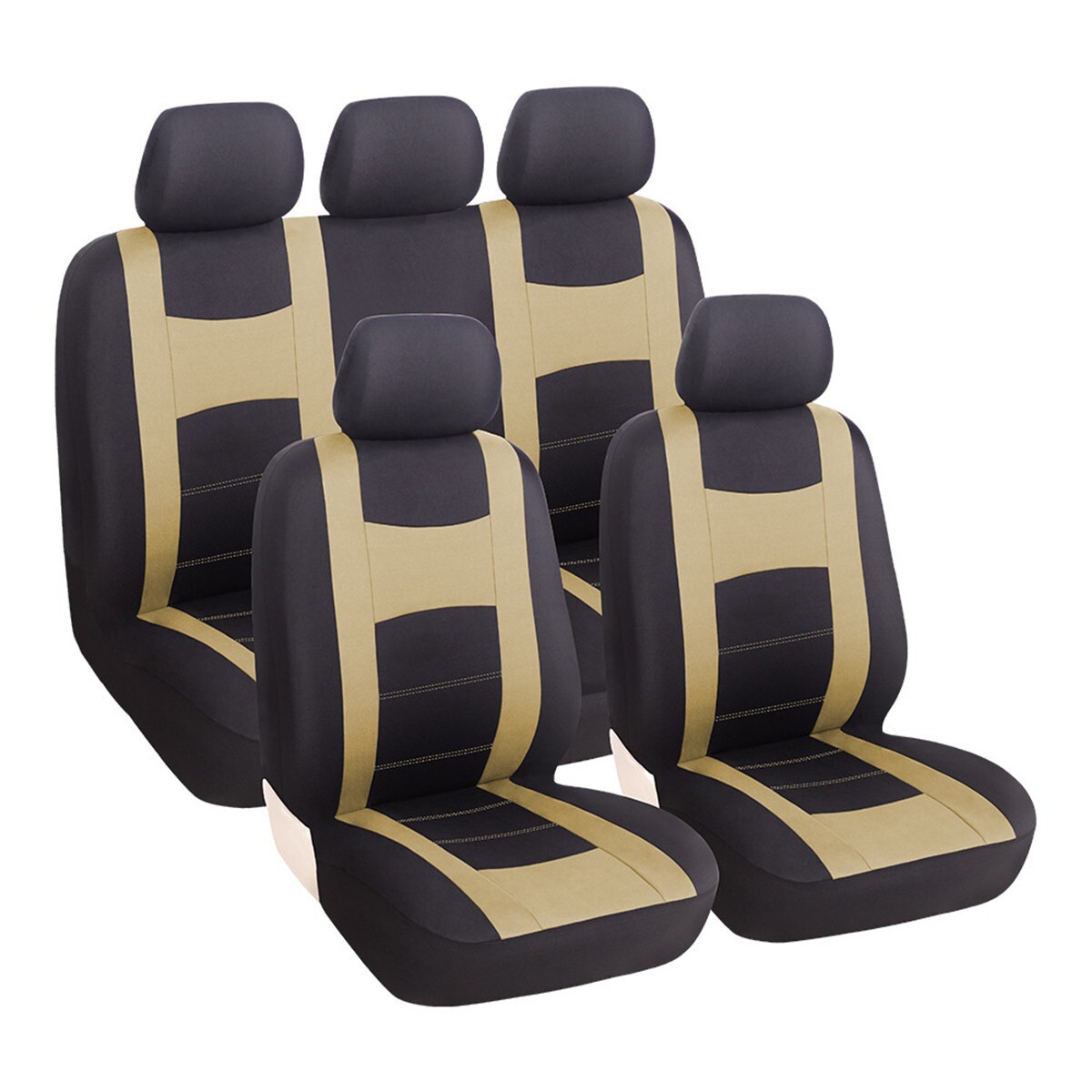 Car Seat Covers Cushion Front Rear Full Set 9Pcs Black/Beige Interior Protector