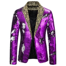 Men Floral Sequin Blazer Suit Jacket Coat One Button Party Clubwear Singer Shiny