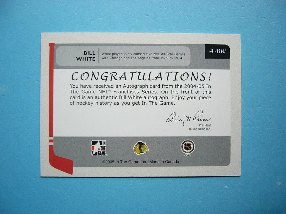 2004/05 IN THE GAME NHL FRANCHISES CARD #A-BW BILL WHITE NM AUTO AUTOGRAPH ITG - Image 2 of 2