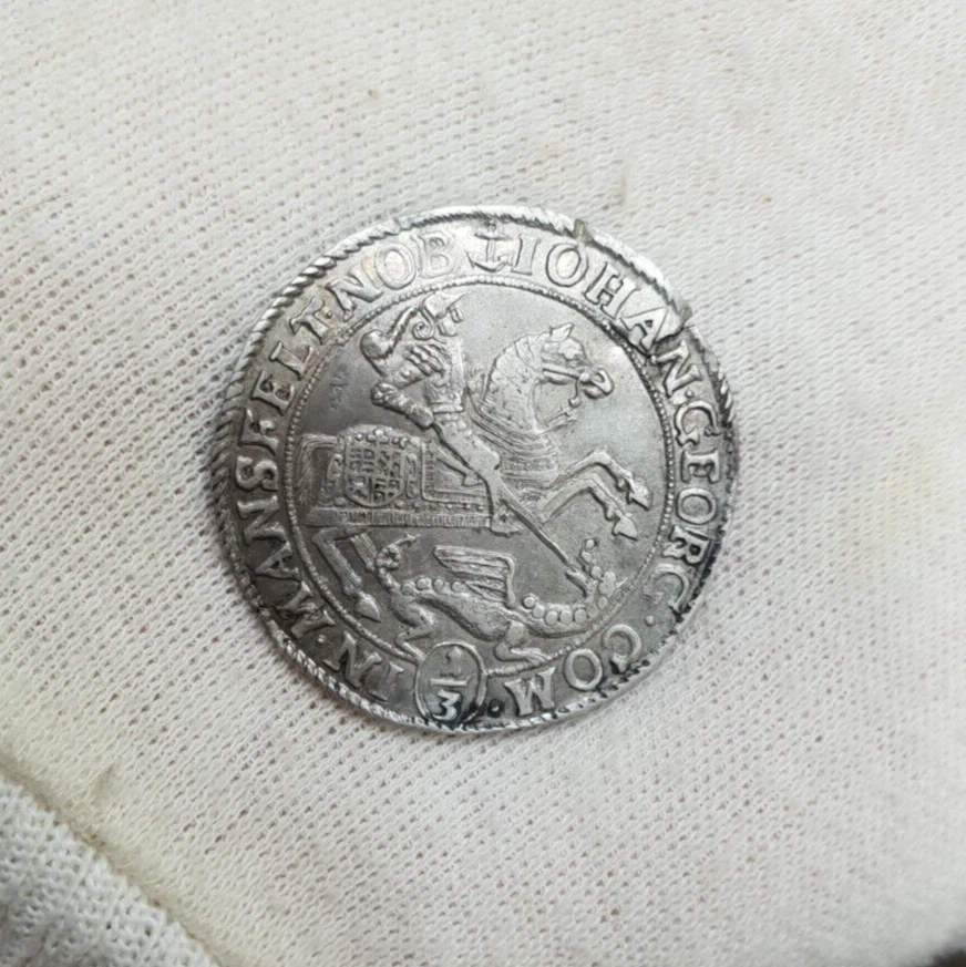 Mansfeld Aunc 1671 Aunc Sliver 1/3 Thaler Rider St. George Dragon 33mm Germany - Image 3 of 4