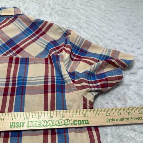 Hippy Tree Plaid Short Sleeve Button Shirt Tan Red White Mens Size Large L - Picture 12 of 13