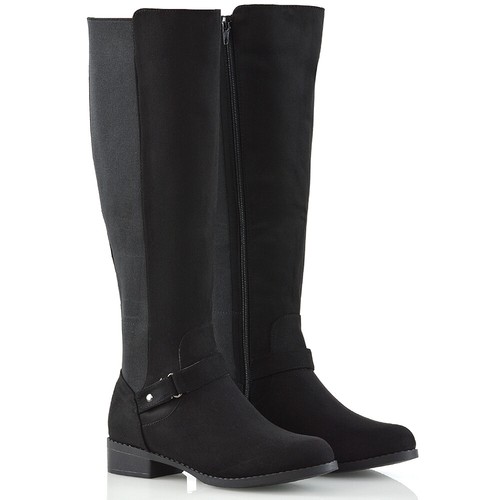Womens Knee High Flat Low Heel Ladies Zip Buckle Stretch Leg Calf Boots Size 3-8 - Picture 30 of 54