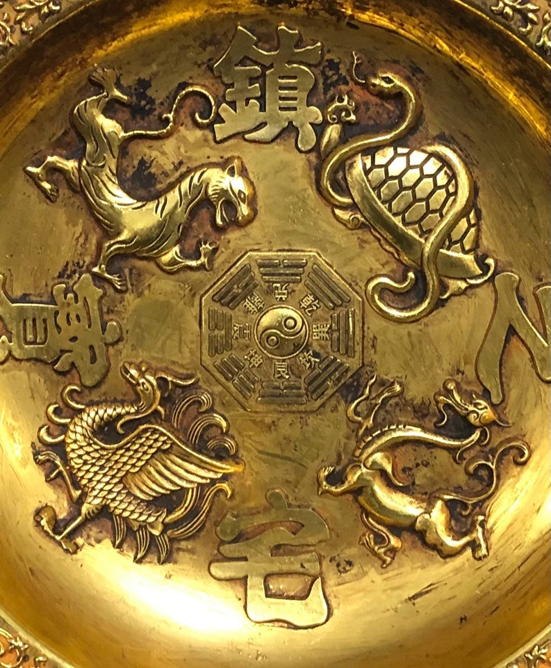 домашний декор бронзовая позолоченная скульптура фэншуй четыре мифических существа тарелка удачи - Изображение 3 из 4