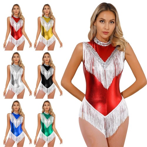 Women's Sequins Metallic Cocktail Tassel Dance Dress Fringed Costume Leotard - Picture 5 of 68
