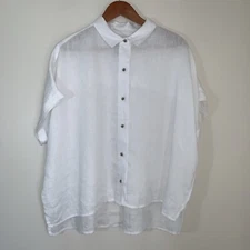 Rachel Roy Linen Top Womens 1X White Button Up Lagenlook Coastal Boxy Oversized