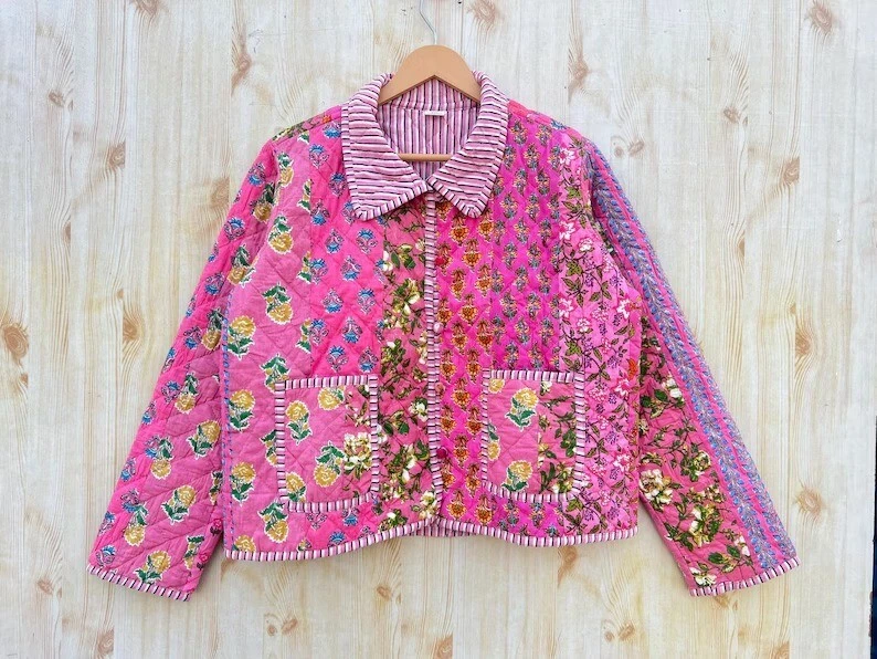 Indian Pink Patchwork 100% Cotton Quilted Unisex Jacket Women's Clothing Jacket