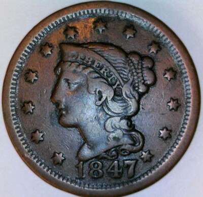 1847 Braided Hair Liberty Head Large Cents Normal Date Early Copper Penny - F/VF