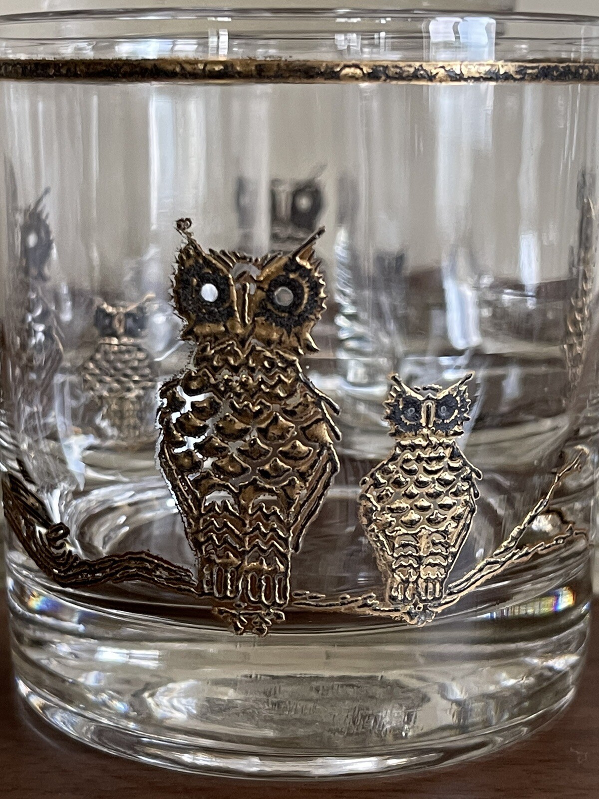 7 Vintage Culver Old Fashioned Owl Drinking Glasses 22K GOLD MCM