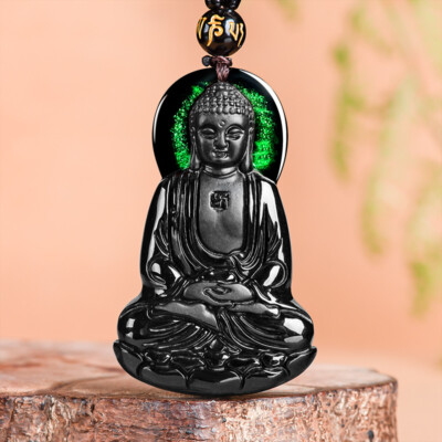 Black Myanmar Jade Buddhism Pendant Necklace Natural Burmese Jadeite