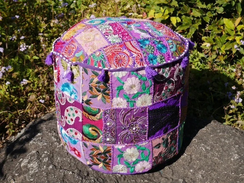 Indian Purple Round Pouffe Cover Vintage Cotton Footstool Ottoman Patchwork AU - Image 2 of 4