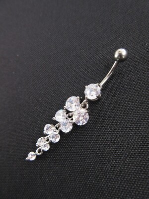 Rhinestone Cluster Belly Button Ring Silver Dangling Tassel Bling STUNNING Glam