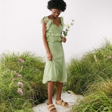 ASOS DESIGN Womens Sage Tiered Ruffle Wrap Midi Dress Tie Back Cutout Size US 8