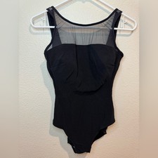 Lands End Vintage One Piece Black  Ribbed Mesh Neckline Swimsuit Size 10