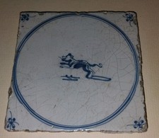 Antique 17th c. Delft Dutch Animal Art Tile Dog 5X5