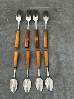 Vintage Bakelite Handle Flatware Set 8pc Butterscotch Amber Art Deco Forks Spoon