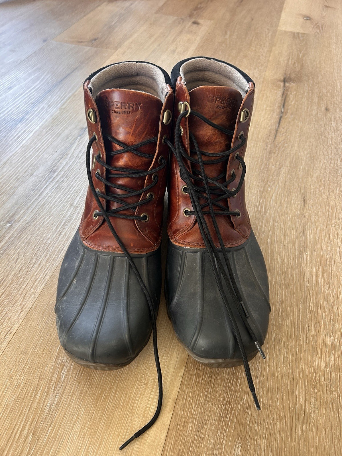 's Duck Boots Brown Black Leather Rubber Lace-up Water Resis