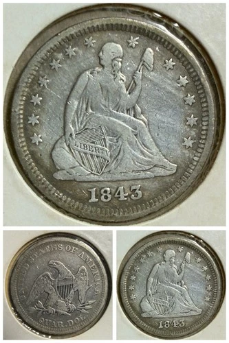 🔥 1843-P Seated Liberty Quarter 25c,  Fine Details. Cleaned.