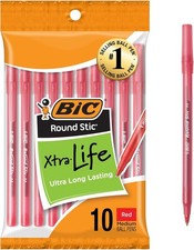 10-Count BIC Round Stic Xtra Life Red Ballpoint Pens, Medium Point 1.0mm 