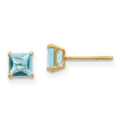 14 Karat Gelbgold Princess Cut Blautopas 4 mm Ohrstecker 0,36 gm