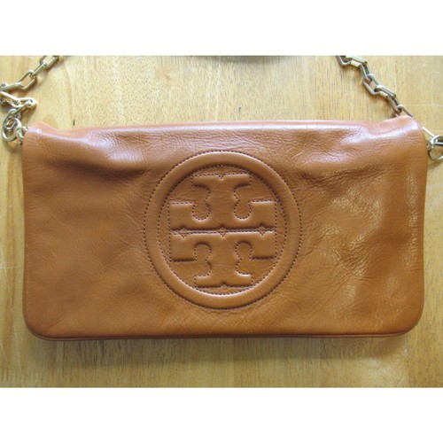 Tory Burch Bombe Reva Clutch Camel Brown Leather w/Detachable Gold Chain